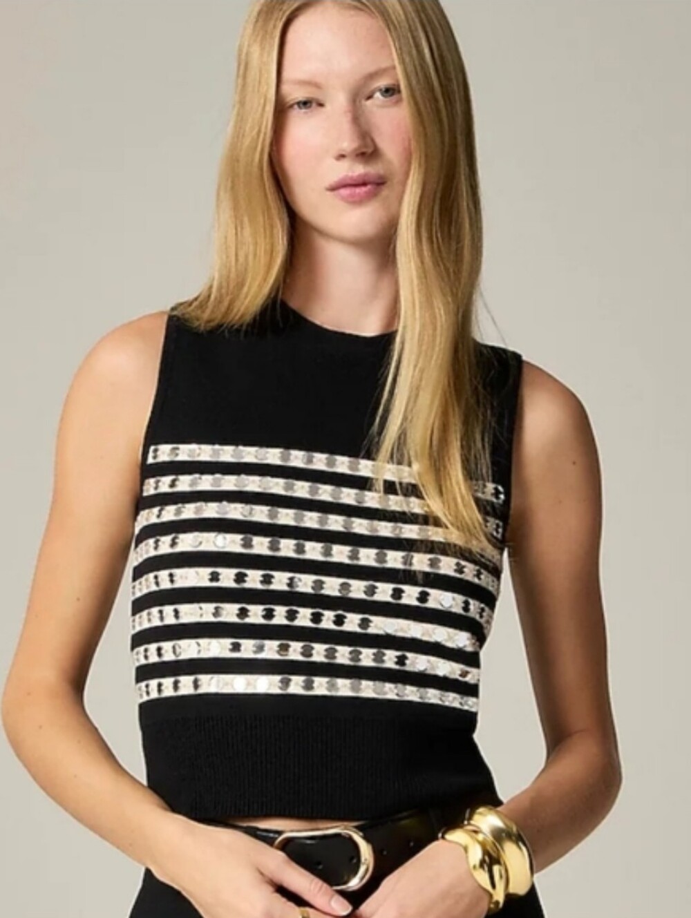 J Crew Embellished Sweater Shell Tank Top CG794 Black Cream Sequins Size S